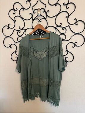 Olive Green Crochet Trim Open Cardigan